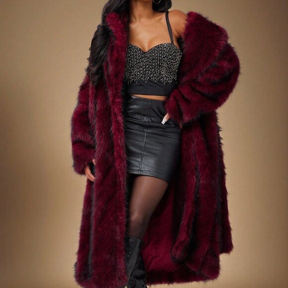 Burgundy Casual Women's Long Fluffy Faux Fur Coat - Picture 7 of 8